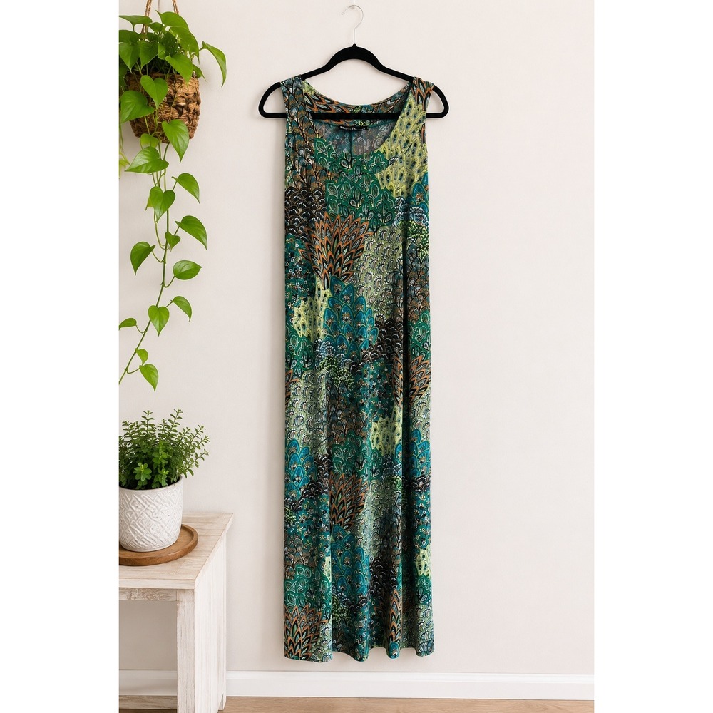 Ellen Parker Peacock Feather Maxi Dress XL Sleeveless Boho Resort Tropical Print